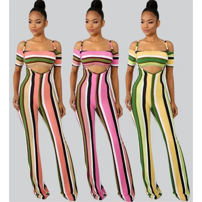 Sexy off shoulder striped printed bodycon jumpsuit