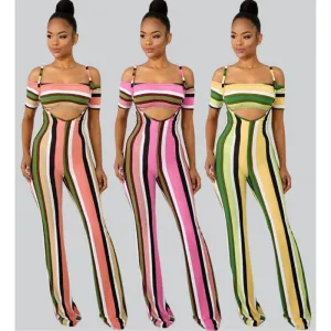 Sexy off shoulder striped printed bodycon jumpsuit