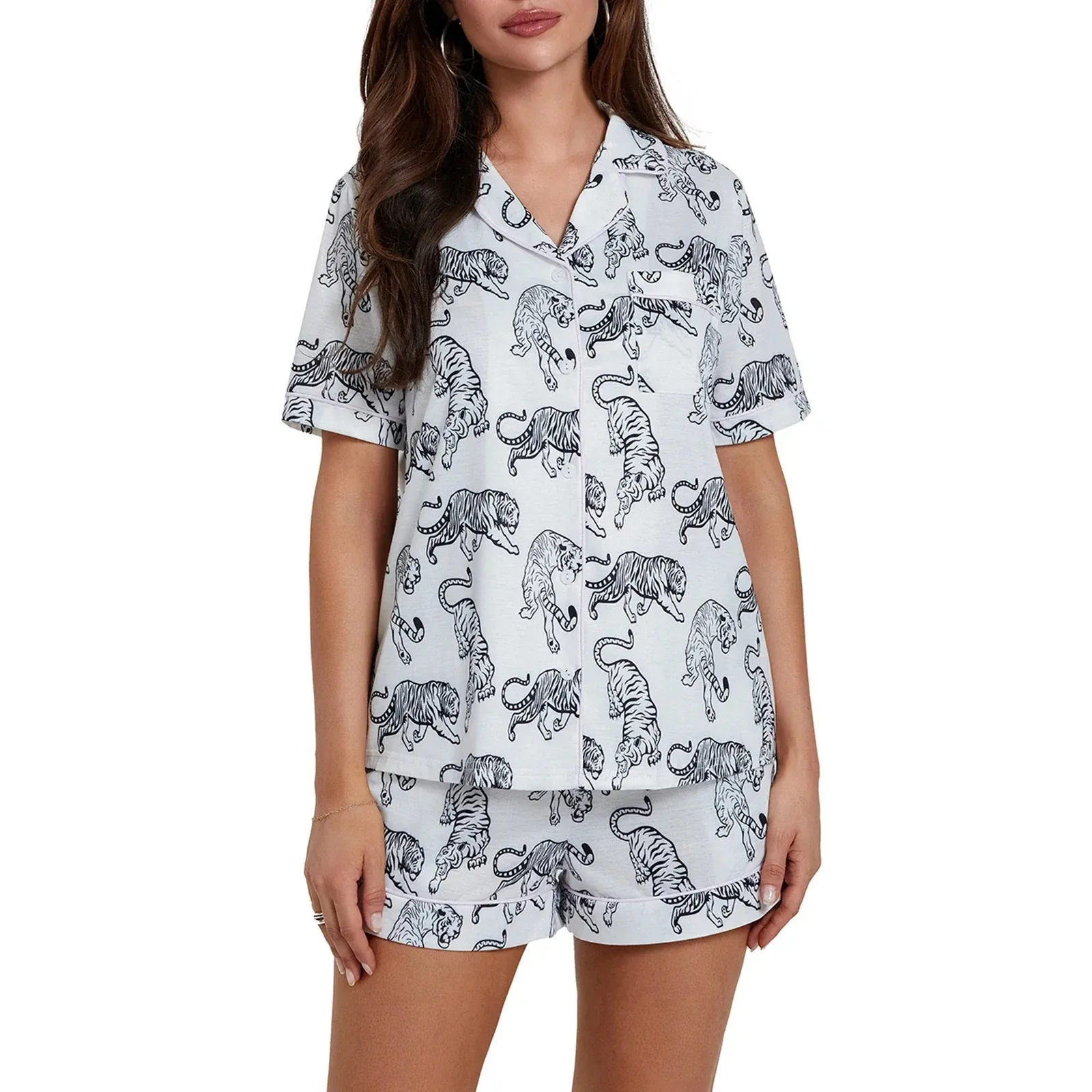 Short Sleeve Button Up Shirt Wide Leg Shorts Lounge Tiger Pajamas