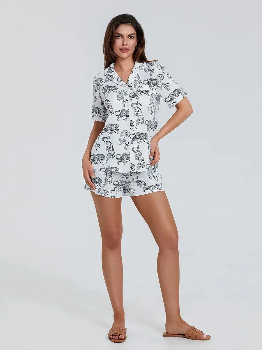 Short Sleeve Button Up Shirt Wide Leg Shorts Lounge Tiger Pajamas