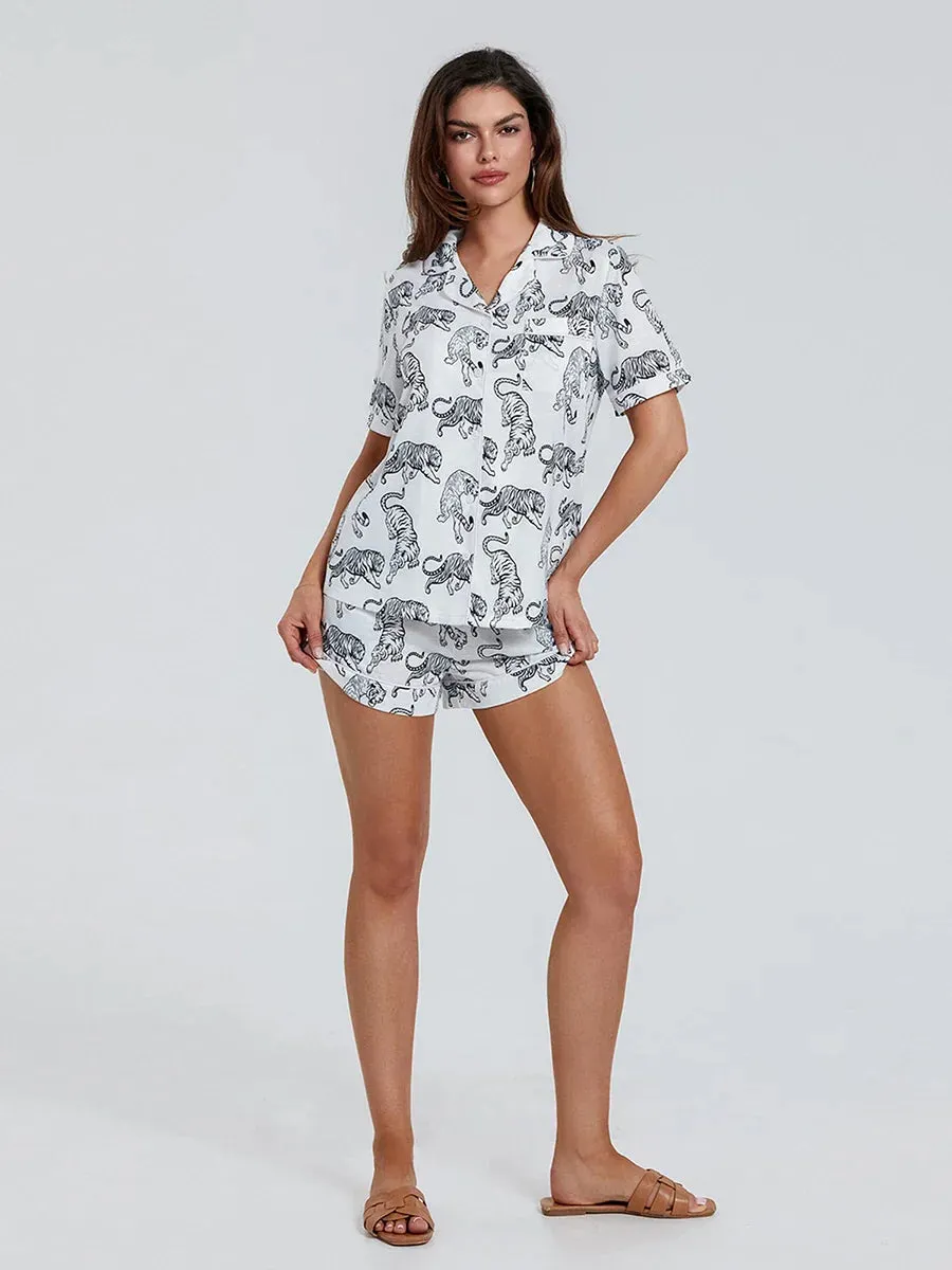 Short Sleeve Button Up Shirt Wide Leg Shorts Lounge Tiger Pajamas