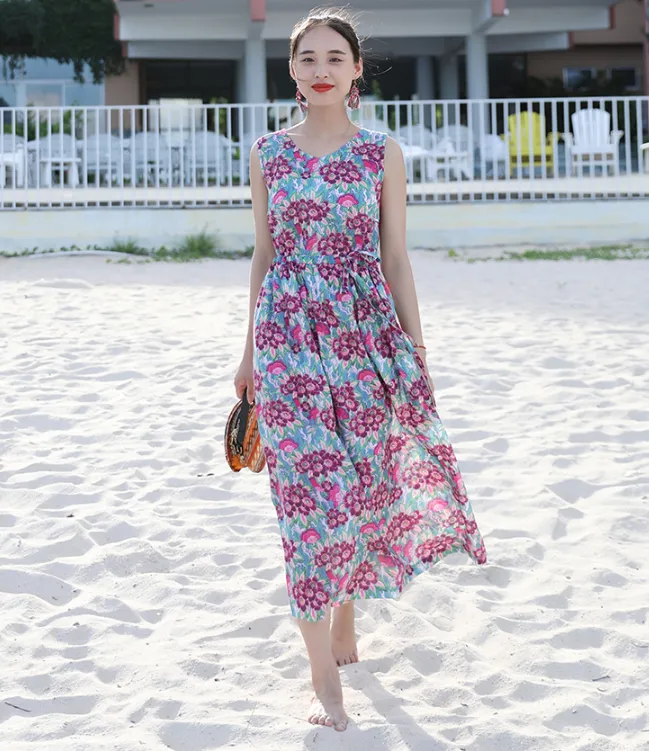 Sleeveless Floral Women Dresses Casual Summer Linen Women Dresses SJ97215