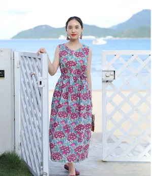 Sleeveless Floral Women Dresses Casual Summer Linen Women Dresses SJ97215