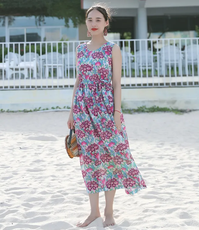 Sleeveless Floral Women Dresses Casual Summer Linen Women Dresses SJ97215