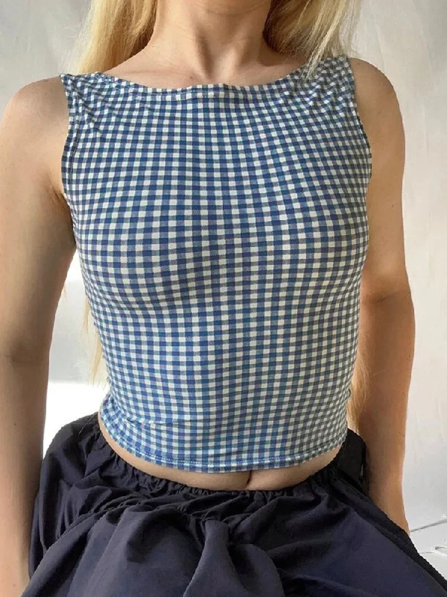 Sleeveless Plaid Print Backless Going Out Vest Shirt Crop Y2K Top