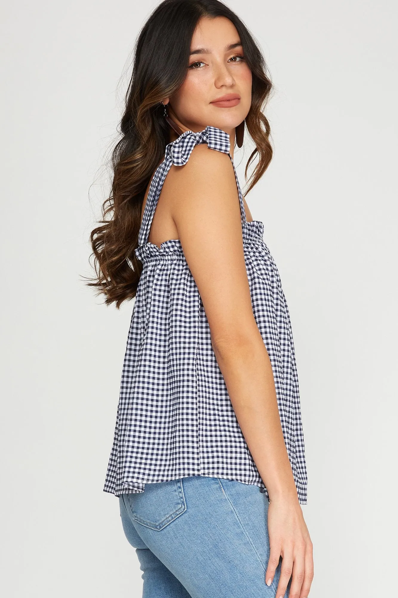 Sleeveless woven gingham top with shoulder ties