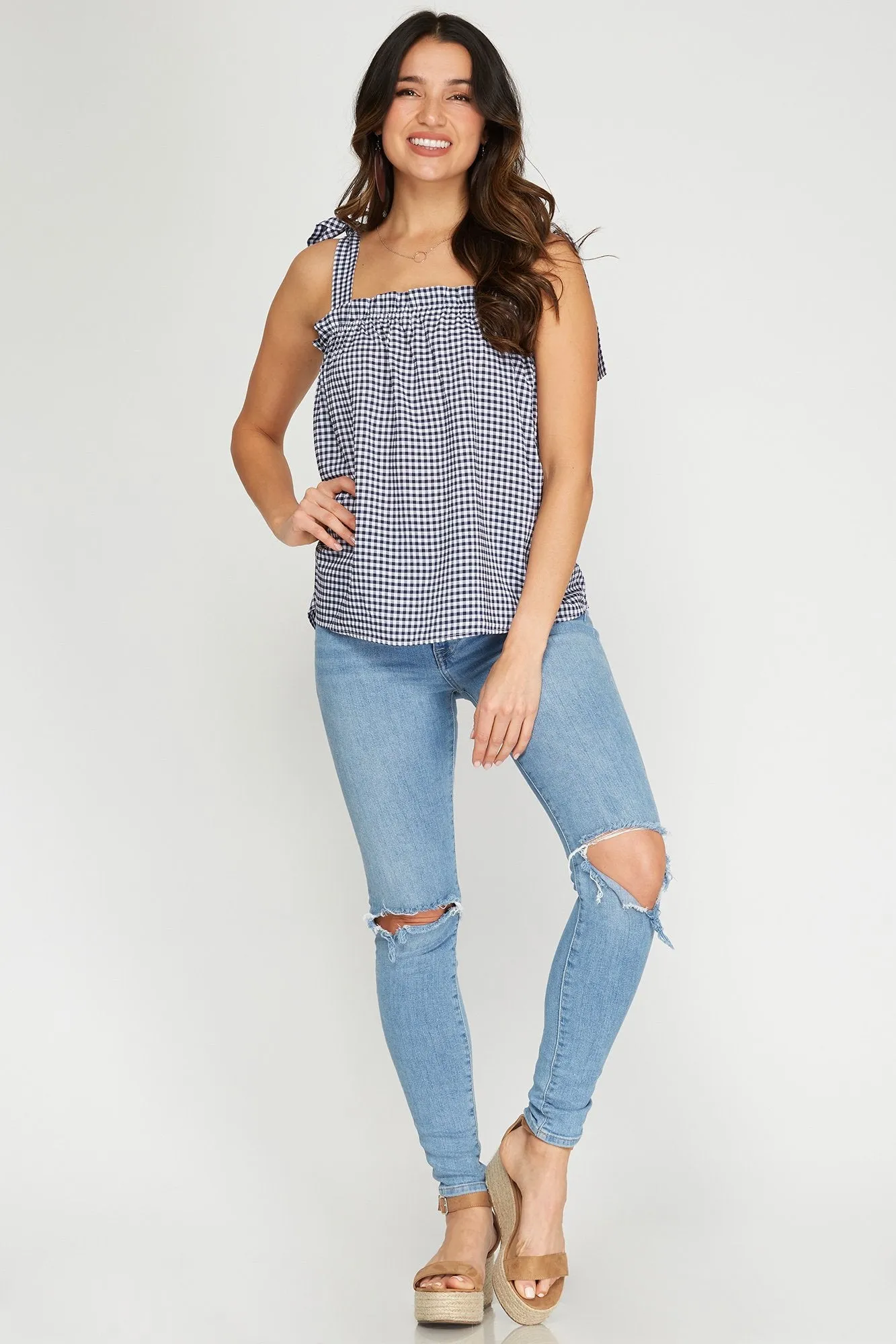 Sleeveless woven gingham top with shoulder ties