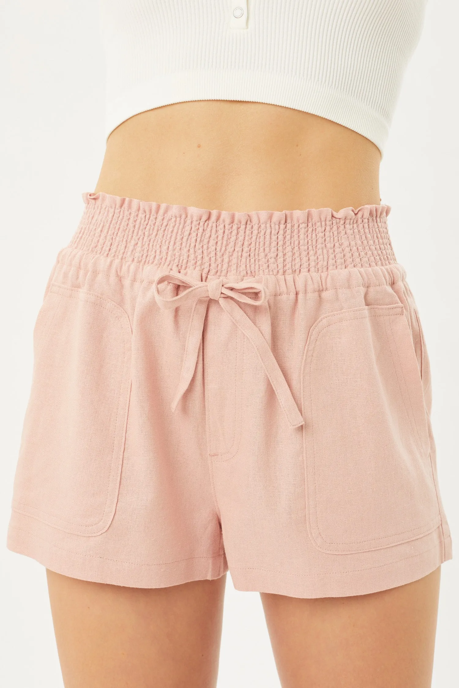 Smocked Waist Linen Shorts