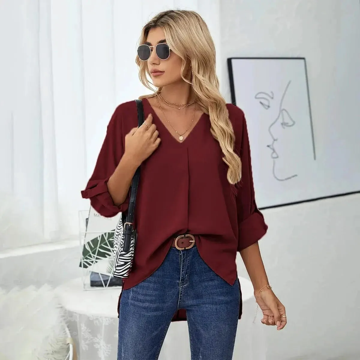 Solid Casual Loose Blouses For Women