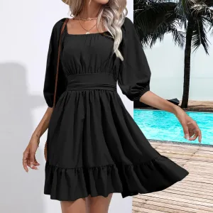 Solid Color Square Collar Backless High Waist Lace Up A-line Casual New Dress