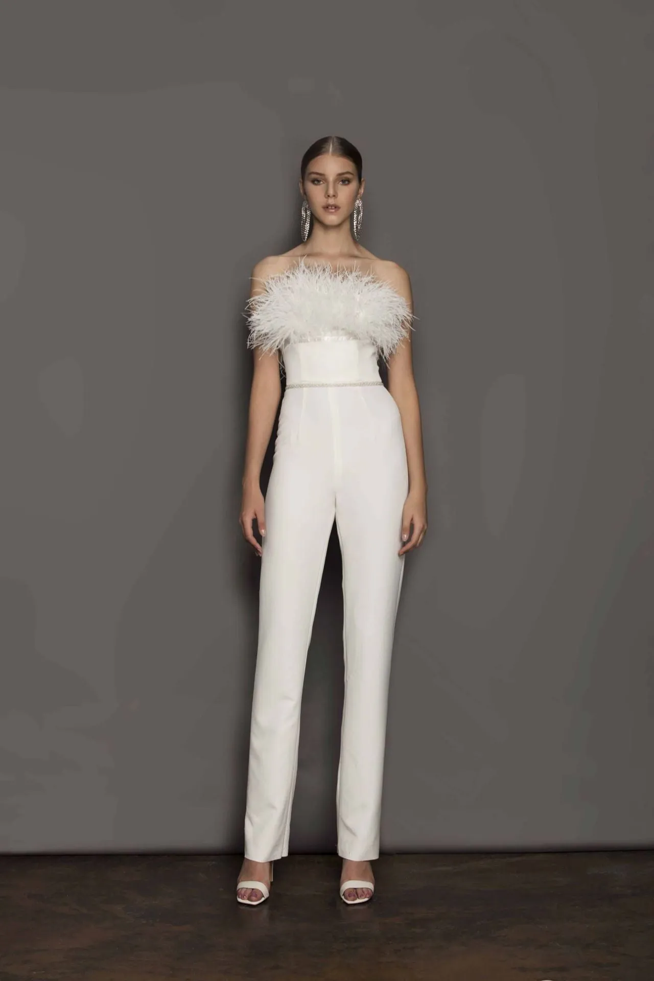 Strapless Feather Detail Straight Leg Jumpsuit