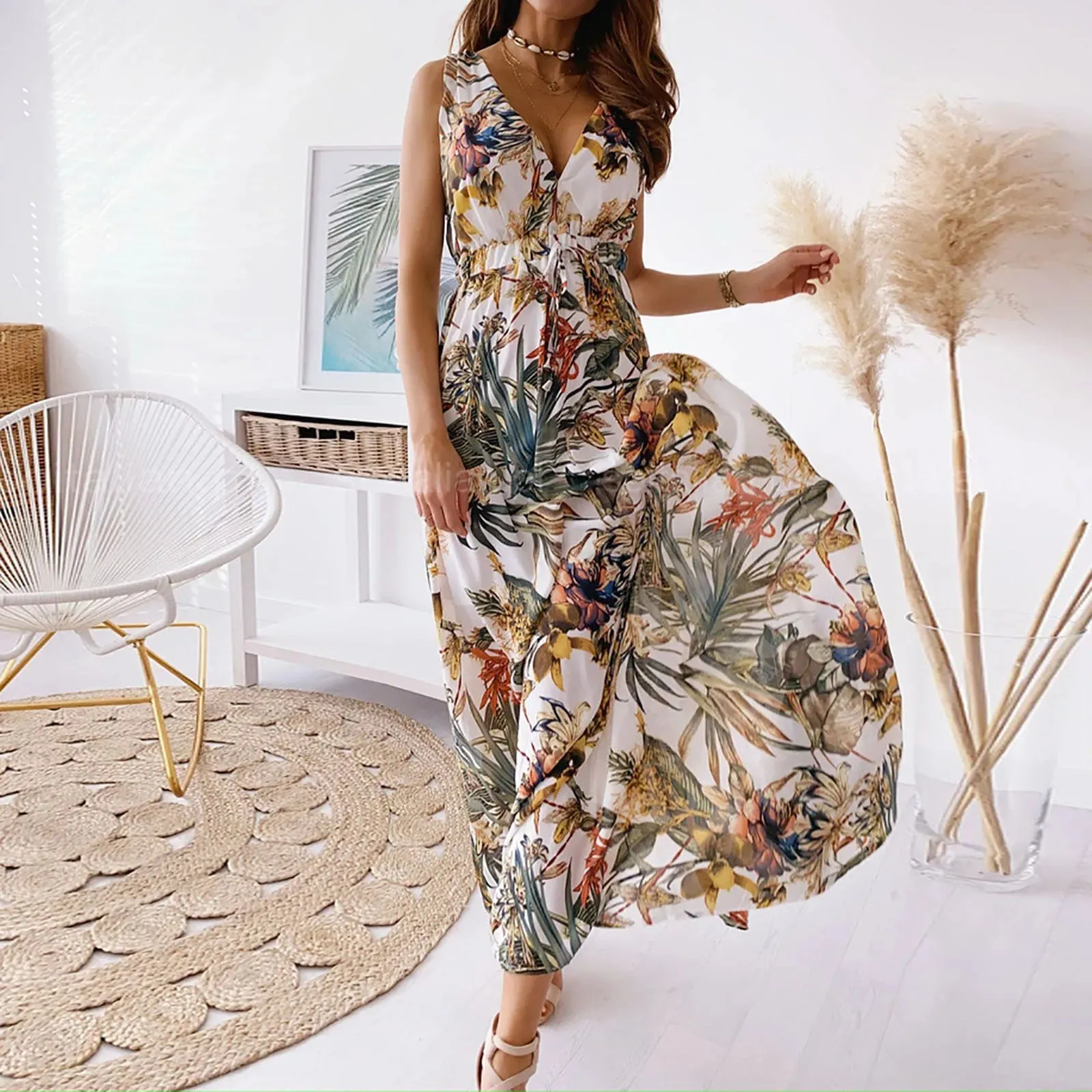 Strapless Lace-Up Backless A-Line Sleeveless Beach Party Flowy Casual Bohemian Dress