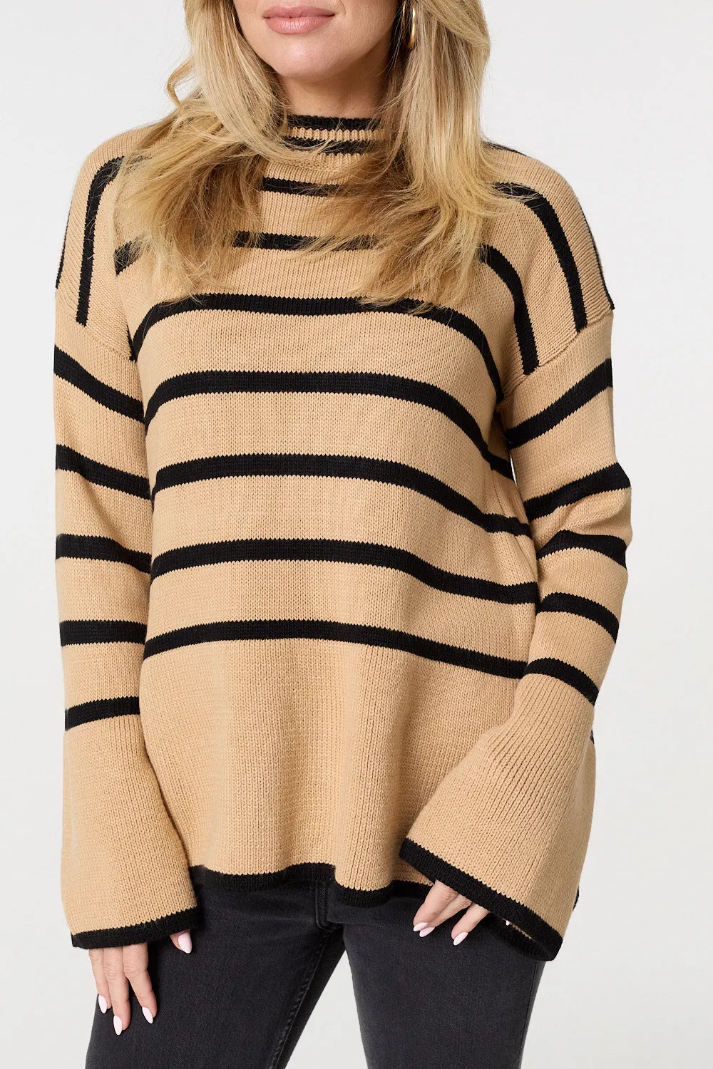 Striped Flare Sleeve Roll Neck Jumper