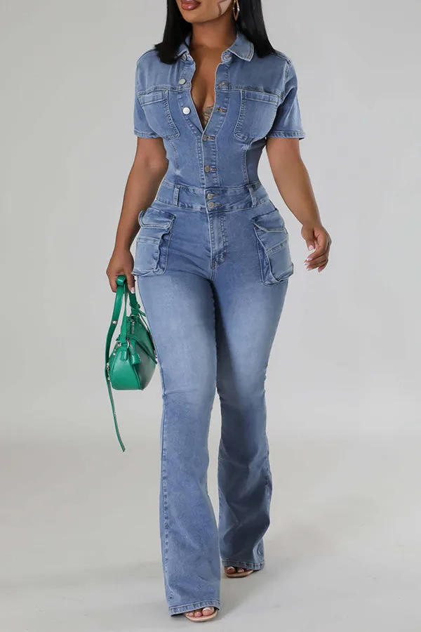 Stylish Denim Flap Pocket Jumpsuit