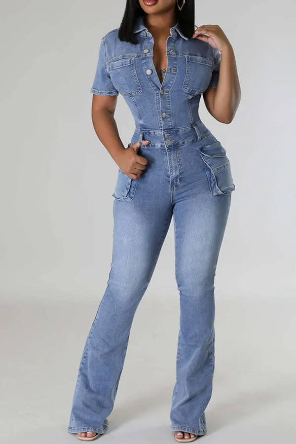 Stylish Denim Flap Pocket Jumpsuit