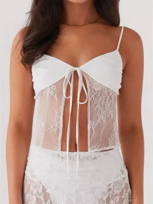 Summer Lace Crop Sleeveless Spaghetti Strap Front Split Tie-up V-neck See Through Mini Cami Top