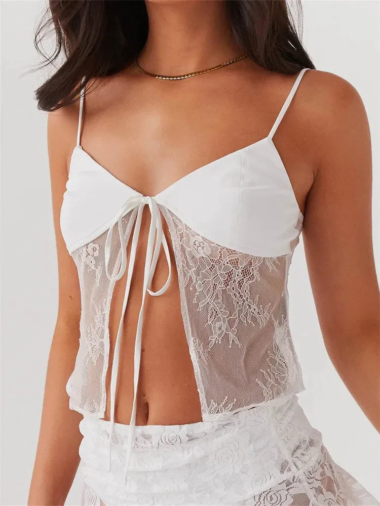 Summer Lace Crop Sleeveless Spaghetti Strap Front Split Tie-up V-neck See Through Mini Cami Top