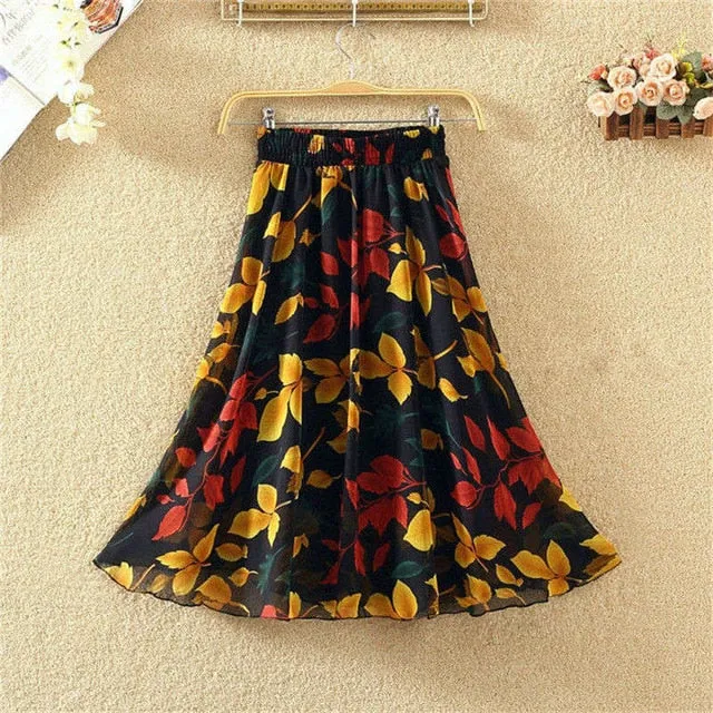 Summer Long Skirts Women Elegant Casual Chiffon Plus Size Skirt High Waist Floral Print Streetwear Maxi Ladies Beach Skirts Q238