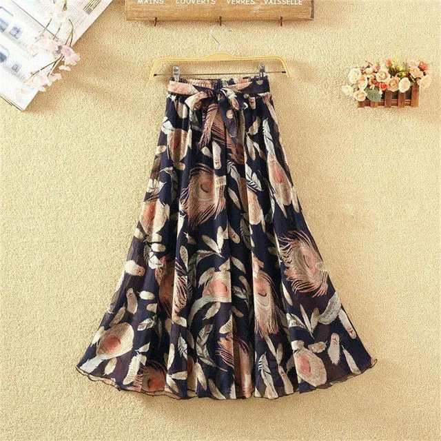 Summer Long Skirts Women Elegant Casual Chiffon Plus Size Skirt High Waist Floral Print Streetwear Maxi Ladies Beach Skirts Q238