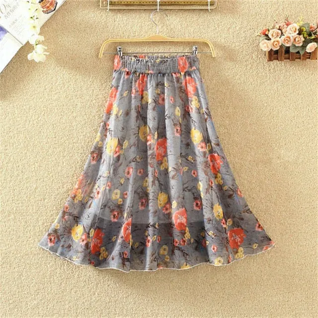 Summer Long Skirts Women Elegant Casual Chiffon Plus Size Skirt High Waist Floral Print Streetwear Maxi Ladies Beach Skirts Q238