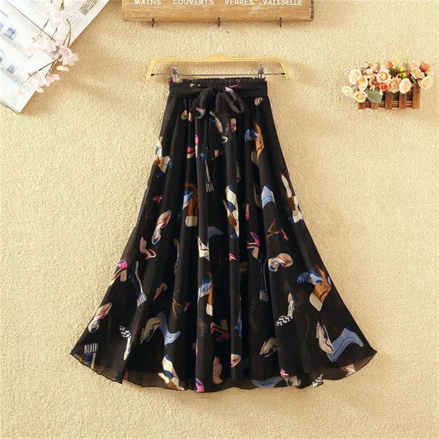 Summer Long Skirts Women Elegant Casual Chiffon Plus Size Skirt High Waist Floral Print Streetwear Maxi Ladies Beach Skirts Q238