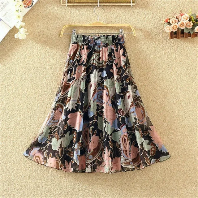 Summer Long Skirts Women Elegant Casual Chiffon Plus Size Skirt High Waist Floral Print Streetwear Maxi Ladies Beach Skirts Q238