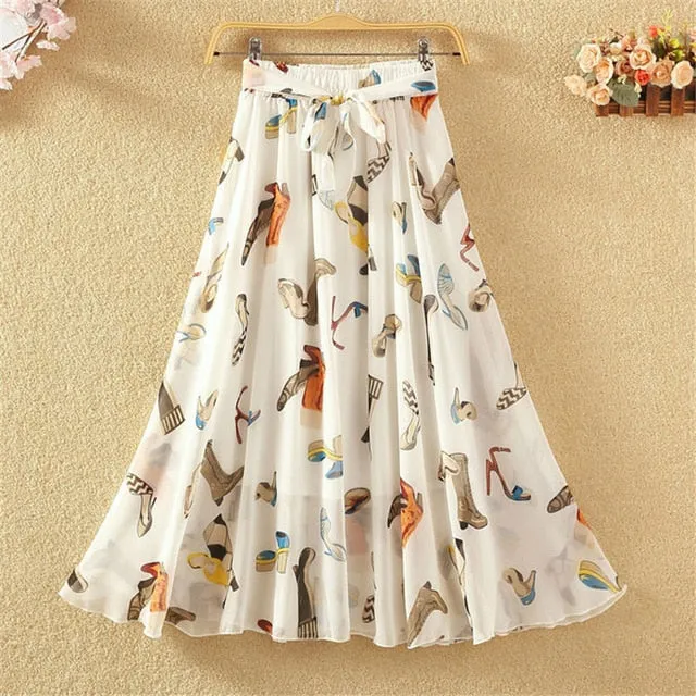 Summer Long Skirts Women Elegant Casual Chiffon Plus Size Skirt High Waist Floral Print Streetwear Maxi Ladies Beach Skirts Q238