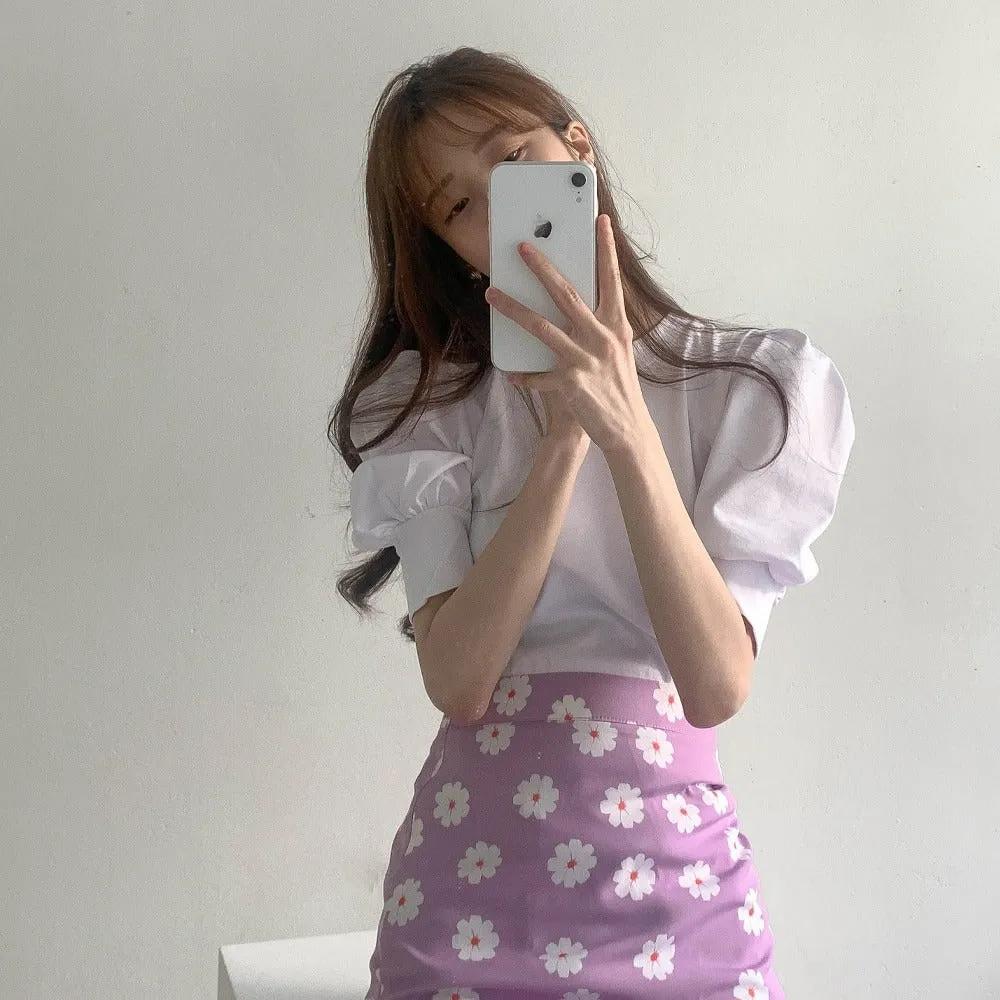 Summer two piece suits high waist long print  A Line skirts short sleeves Tops