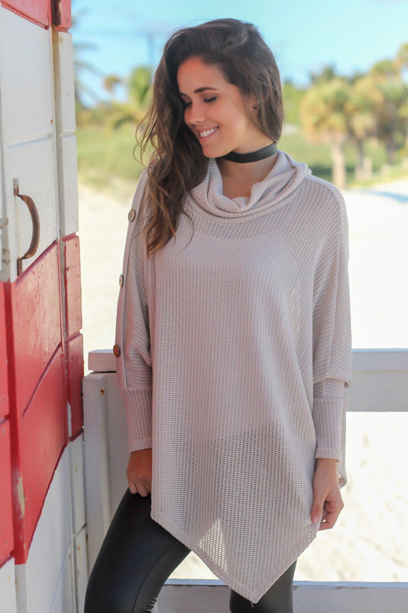 Taupe Poncho Sweater with Buttons