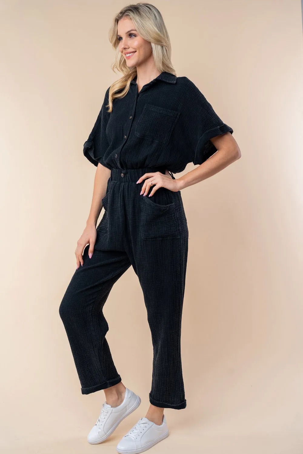 Texture Short Sleeve Jumpsuit