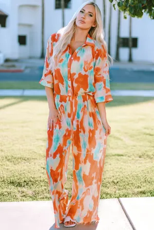 Tie-Dye Collared Wide Leg Jumpsuit