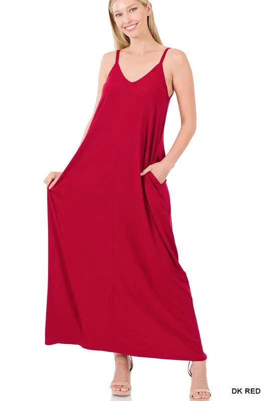 V NECK CAMI MAXI DRESS WITH SIDE POCKETS