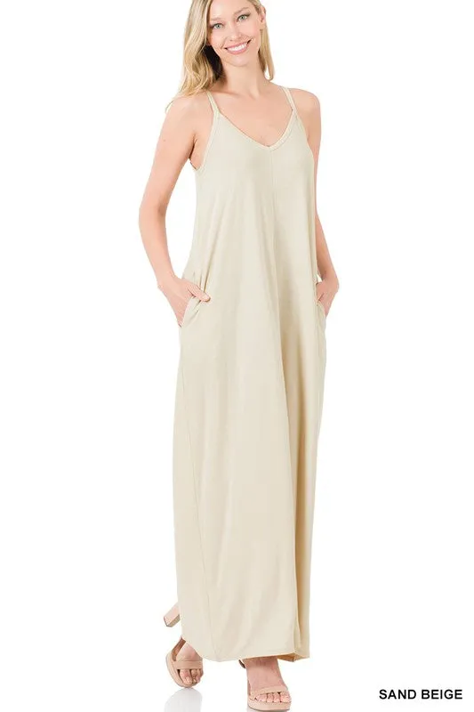 V NECK CAMI MAXI DRESS WITH SIDE POCKETS