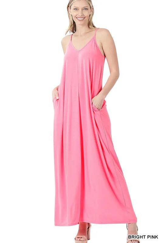 V NECK CAMI MAXI DRESS WITH SIDE POCKETS