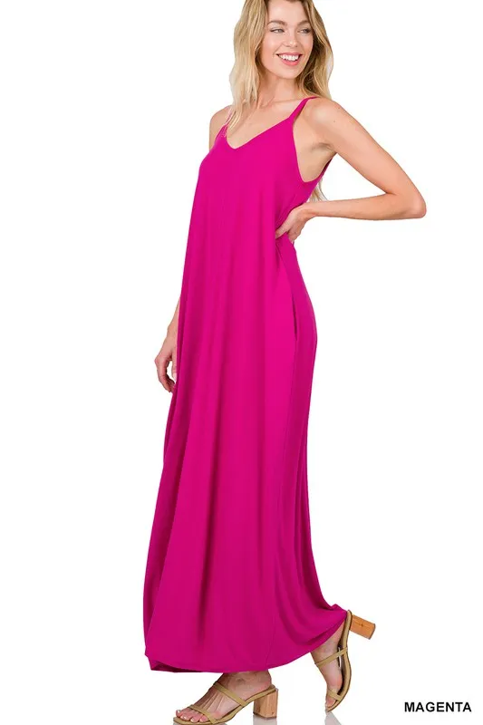 V NECK CAMI MAXI DRESS WITH SIDE POCKETS