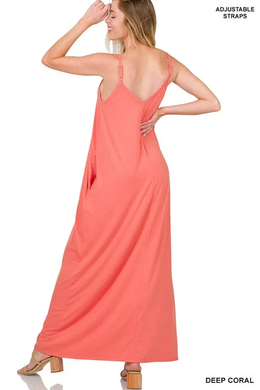 V NECK CAMI MAXI DRESS WITH SIDE POCKETS