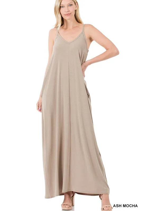 V NECK CAMI MAXI DRESS WITH SIDE POCKETS