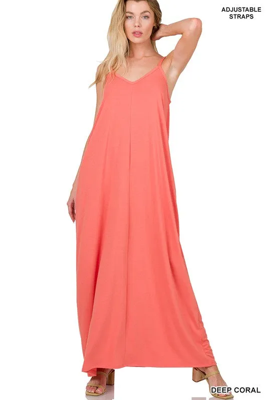 V NECK CAMI MAXI DRESS WITH SIDE POCKETS