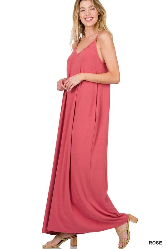 V NECK CAMI MAXI DRESS WITH SIDE POCKETS