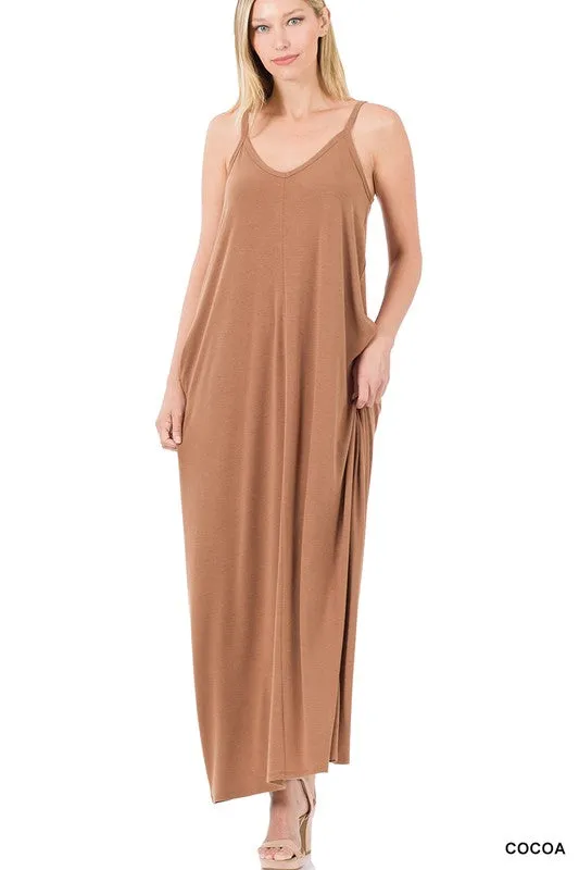 V NECK CAMI MAXI DRESS WITH SIDE POCKETS