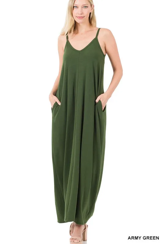 V NECK CAMI MAXI DRESS WITH SIDE POCKETS