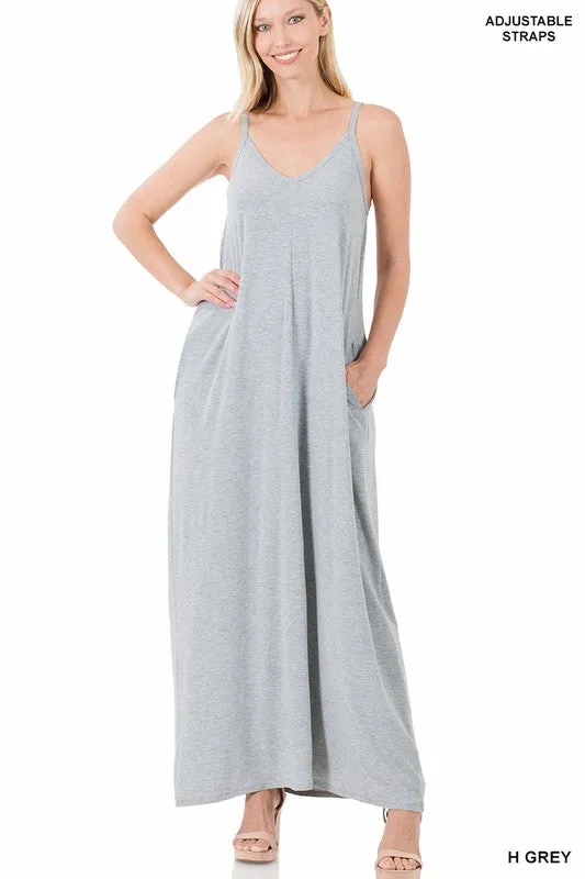 V NECK CAMI MAXI DRESS WITH SIDE POCKETS