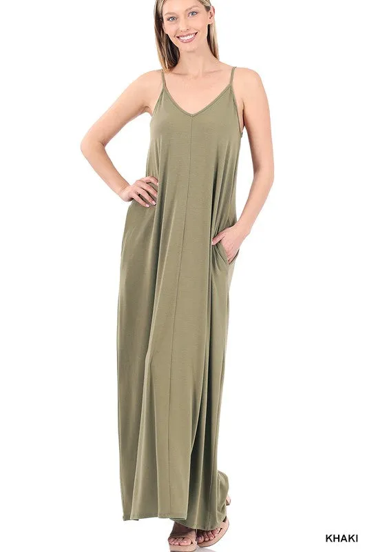 V NECK CAMI MAXI DRESS WITH SIDE POCKETS