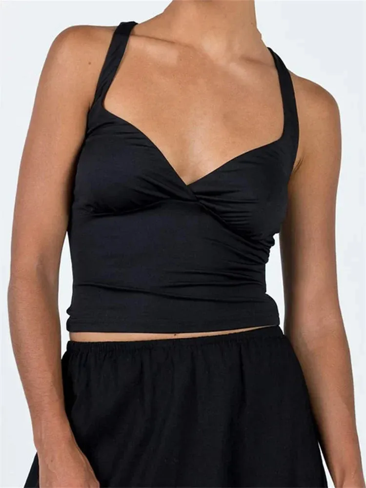 V Neck Sleeveless Backless Ruched Criss-Cross Adjustable Strap Crop Tank Top