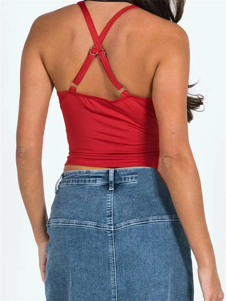 V Neck Sleeveless Backless Ruched Criss-Cross Adjustable Strap Crop Tank Top