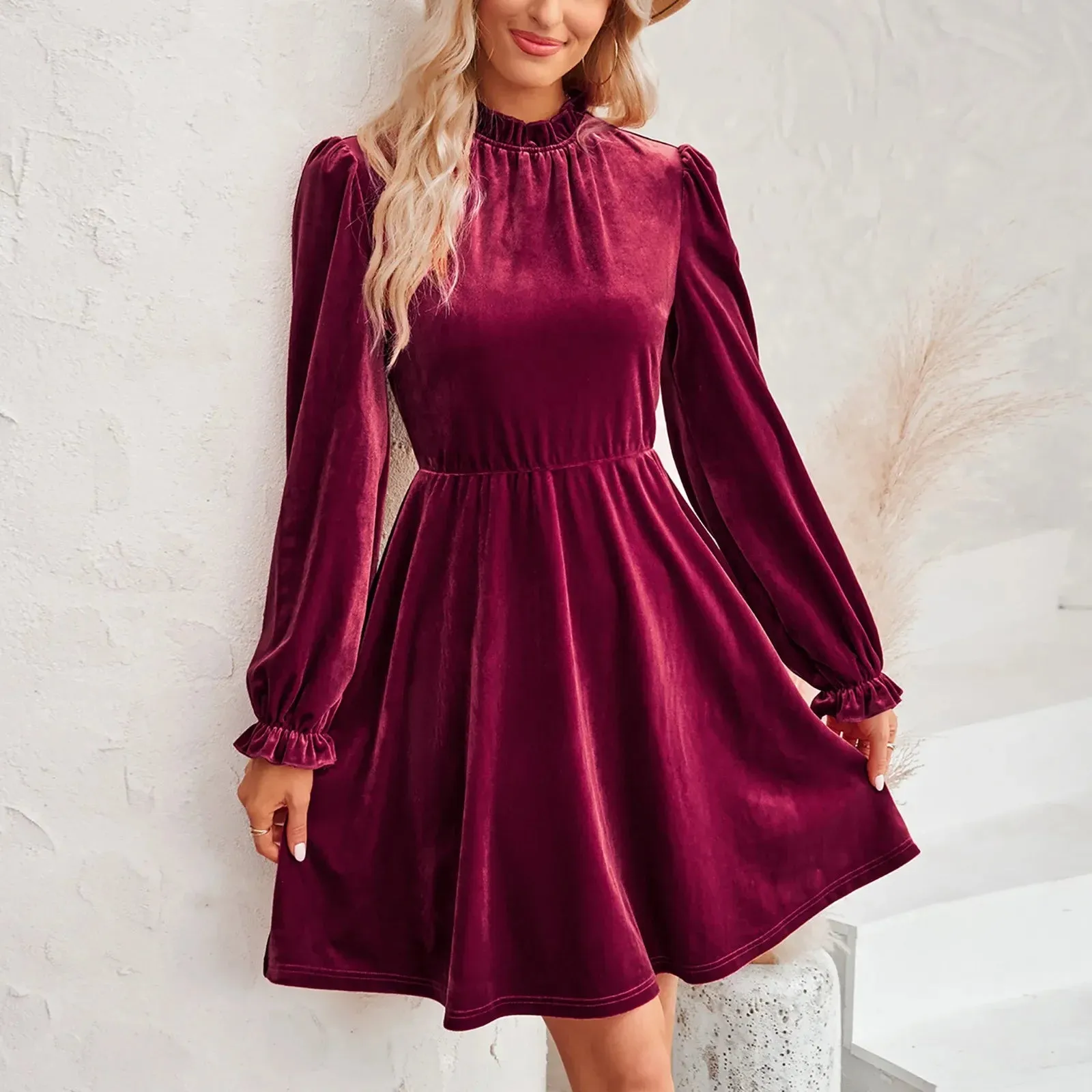 Velvet Short Autumn Solid Color Puff Sleeve Turtleneck A-line New In Casual Elegant Dress