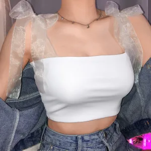 White Kawaii Bralette Crop Top Sexy Mesh Bow-Knot Spaghetti Strap Cropped Sleeveless