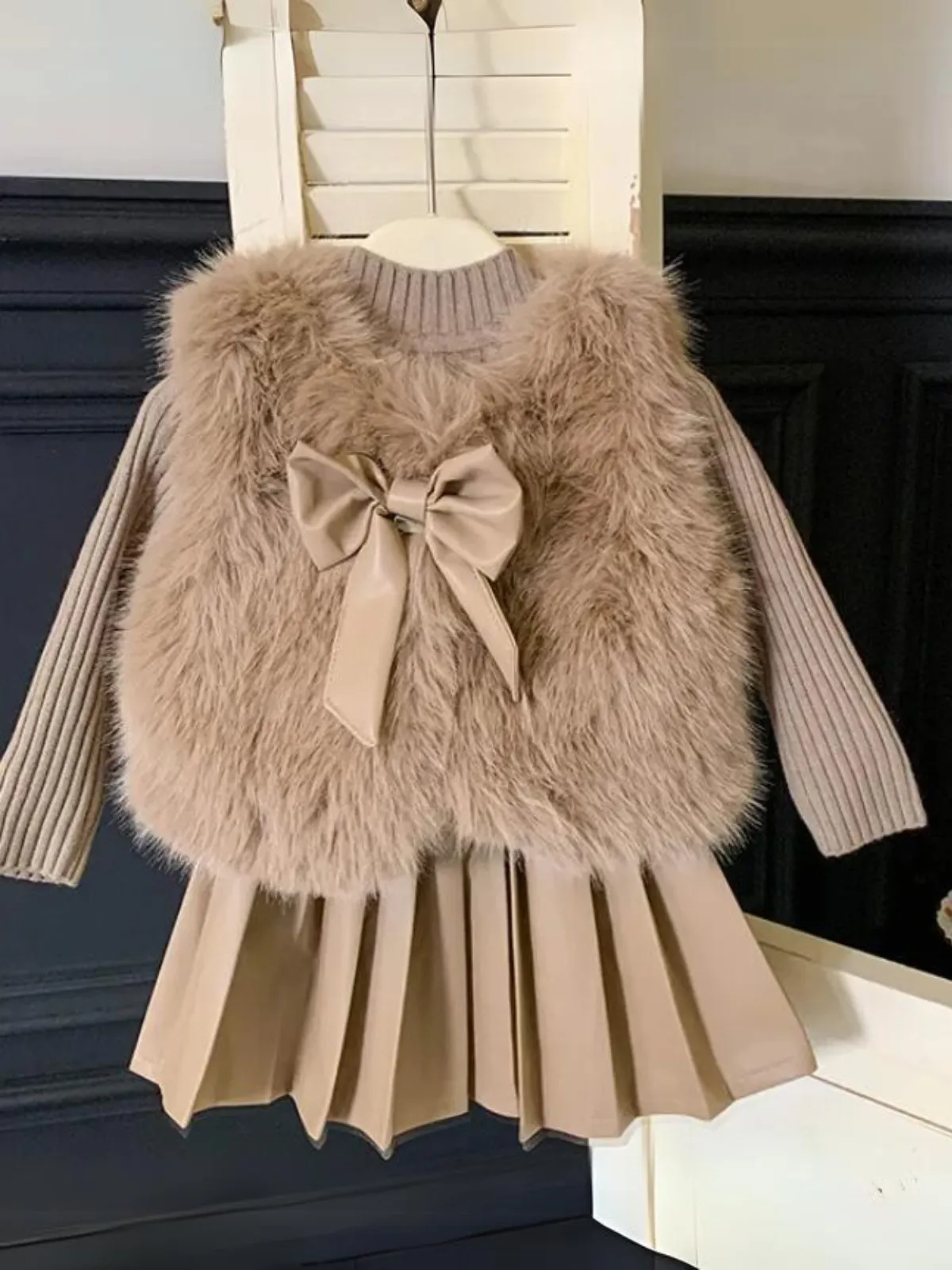 Winter Cozy Furry Vest and Pleated Skirt Set