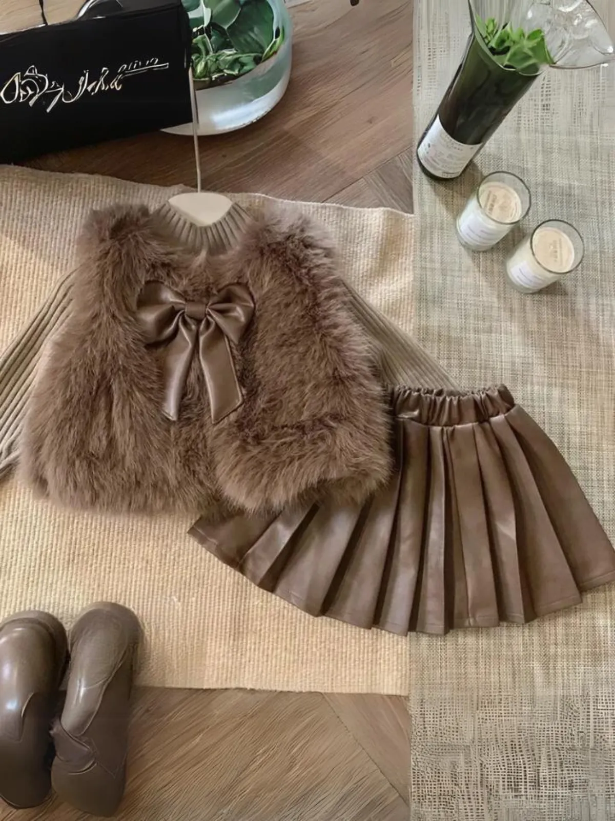 Winter Cozy Furry Vest and Pleated Skirt Set