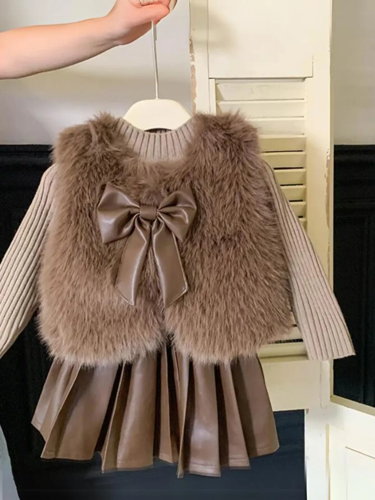 Winter Cozy Furry Vest and Pleated Skirt Set